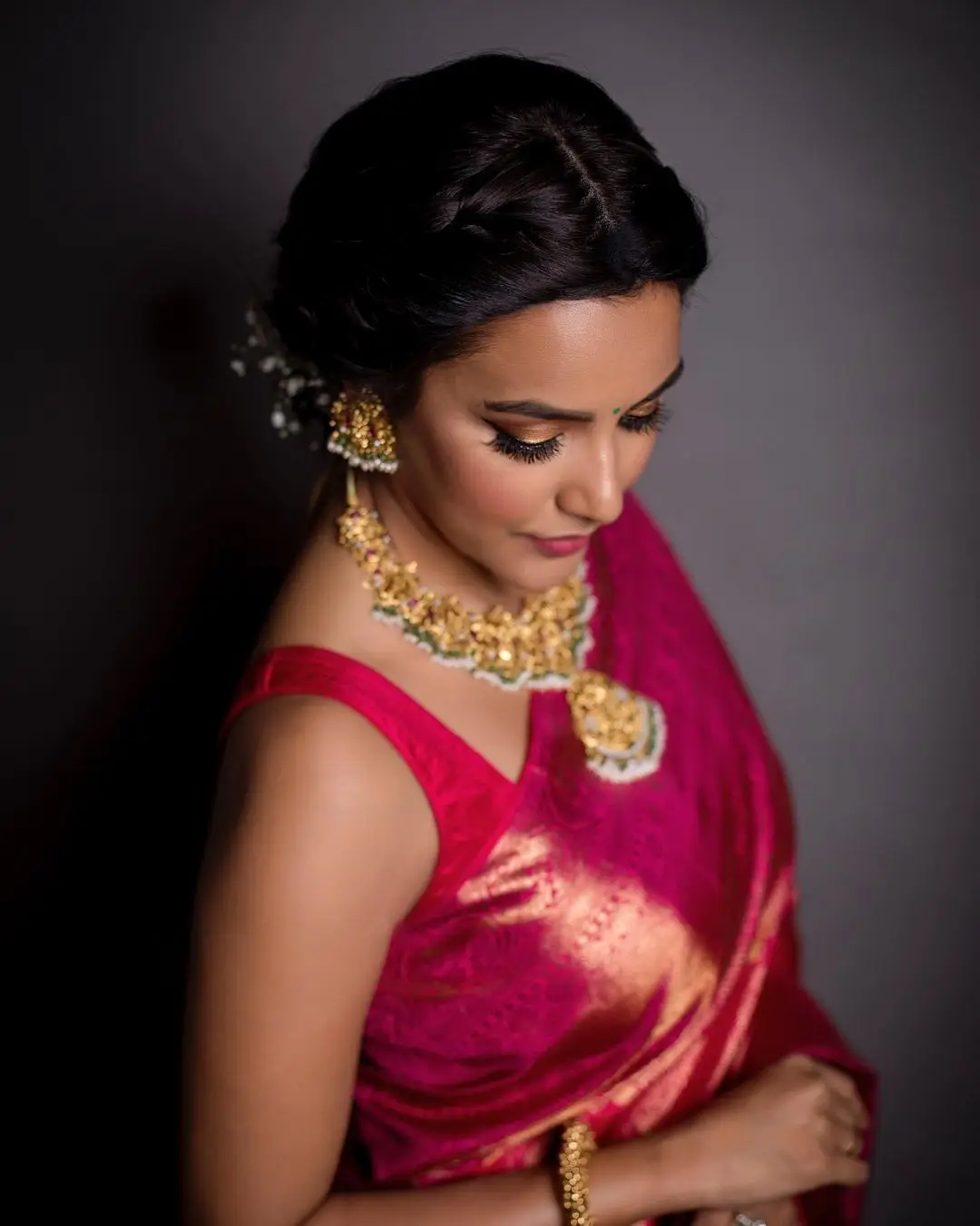 Actress Priya Anand Images in Red Color Saree Sleeveless Blouse